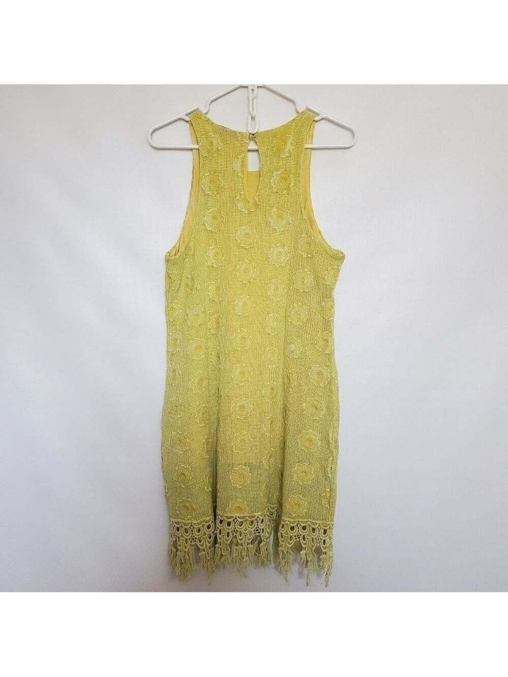 LANGUAGE DRESS SLEEVELESS FRINGE MUSTARD YELLOW EMBROIDERED FLORAL WOMANS ( XL ) - Picture 3 of 15